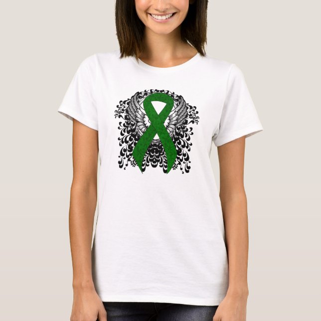 Green Awareness Ribbon with Wings T-Shirt (Front)