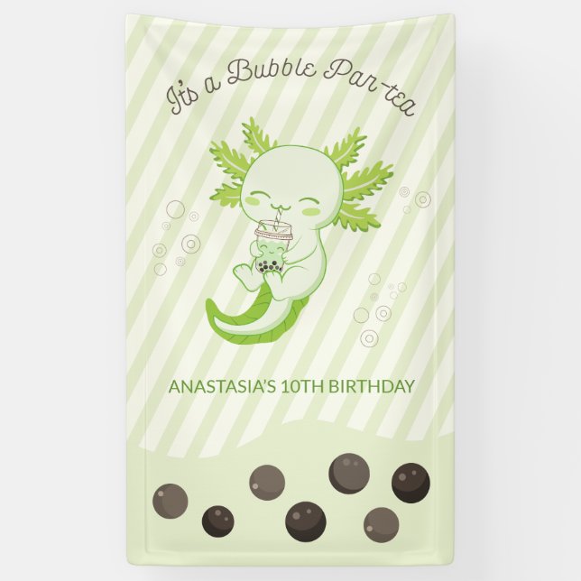 Green Axolotl Bubble Boba Tea Birthday Party Banner (Vertical)