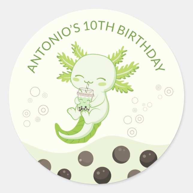 Green Axolotl Bubble Milk Boba Tea Birthday Party Classic Round Sticker (Front)