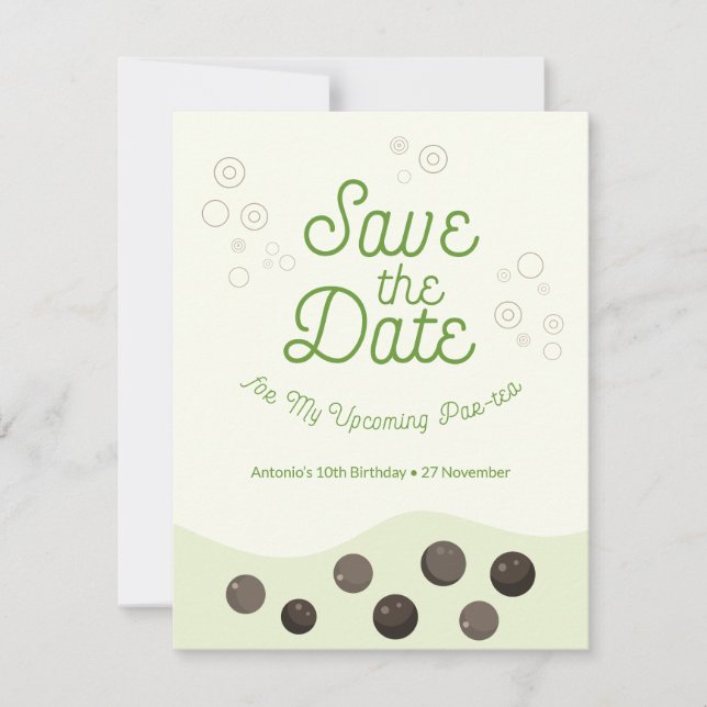 Green Axolotl Bubble Tea Par-tea Birthday Party Save The Date (Front)