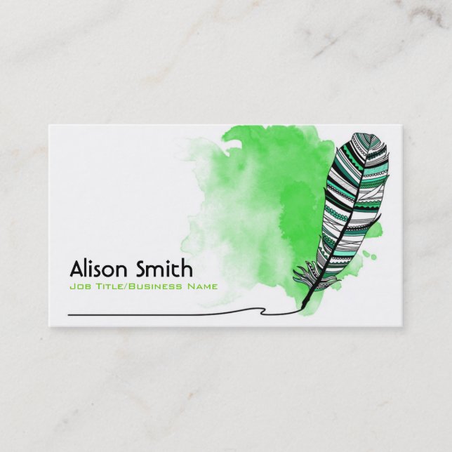 Green Aztec Feather Business Card (Front)