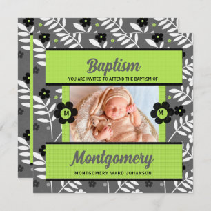 Green Baby Baptism with Monogram and Photo Invitation