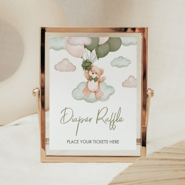 Green Baby Bear Balloon Baby Shower Diaper Raffle Poster (Green Bear Balloon Bearly Wait Baby Shower Diaper Raffle Sign)