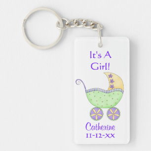 Green Baby Buggy Carriage Name Birth Date Keychain