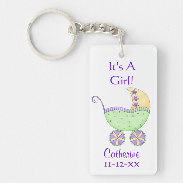 Green Baby Buggy Carriage Name Birth Date Keychain (Front)