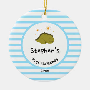 Green Baby Dino First Christmas Baby Blue Stripe Ceramic Ornament