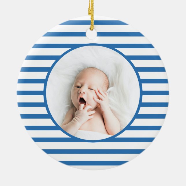 Green Baby Dino | First Christmas Blue Stripe Chic Ceramic Ornament (Back)