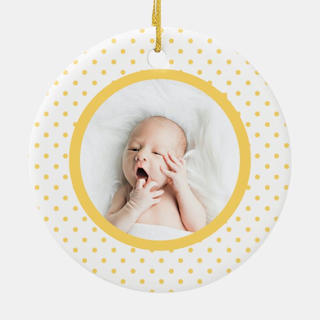 Green Baby Dino | First Christmas Yellow Polka Dot Ceramic Ornament (Back)