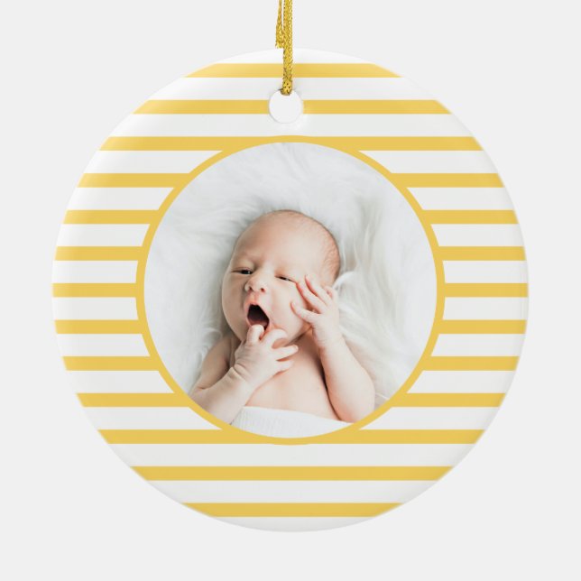 Green Baby Dino | First Christmas Yellow Stripe Ceramic Ornament (Back)