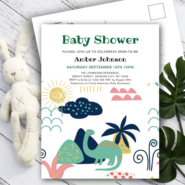 Green Baby Dinosaur Minimalist Cute Baby Shower Invitation Postcard (Creator Uploaded)