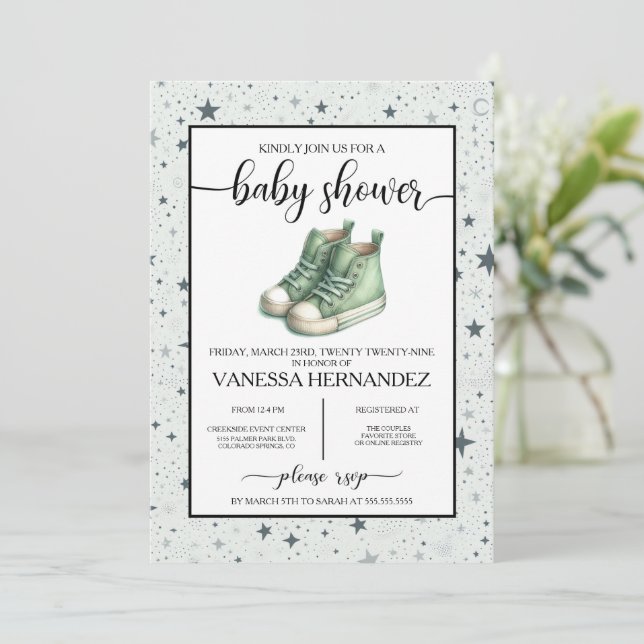 Green Baby High Tops Baby Shower Invitation (Standing Front)