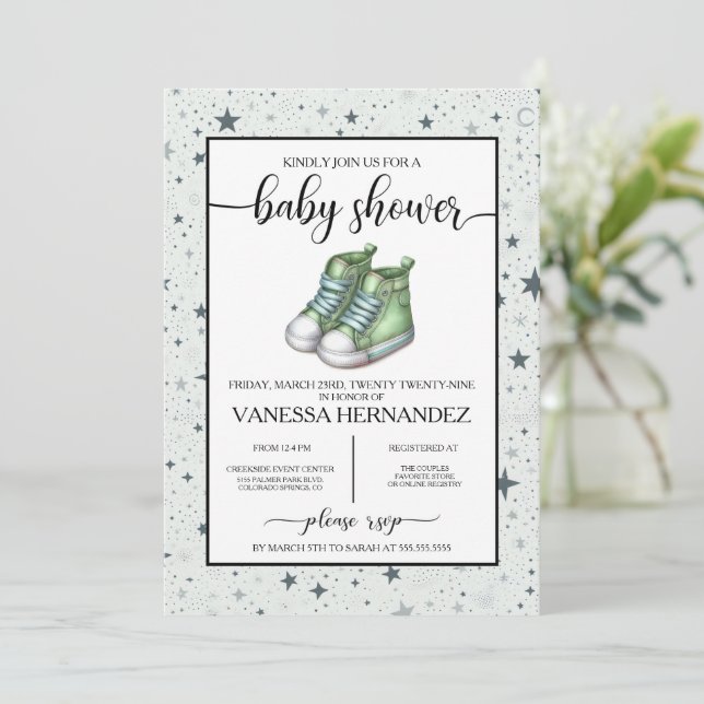 Green Baby High Tops Baby Shower Invitation (Standing Front)