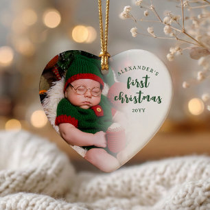 Green Baby’s First Christmas Photo Heart Ceramic Ornament