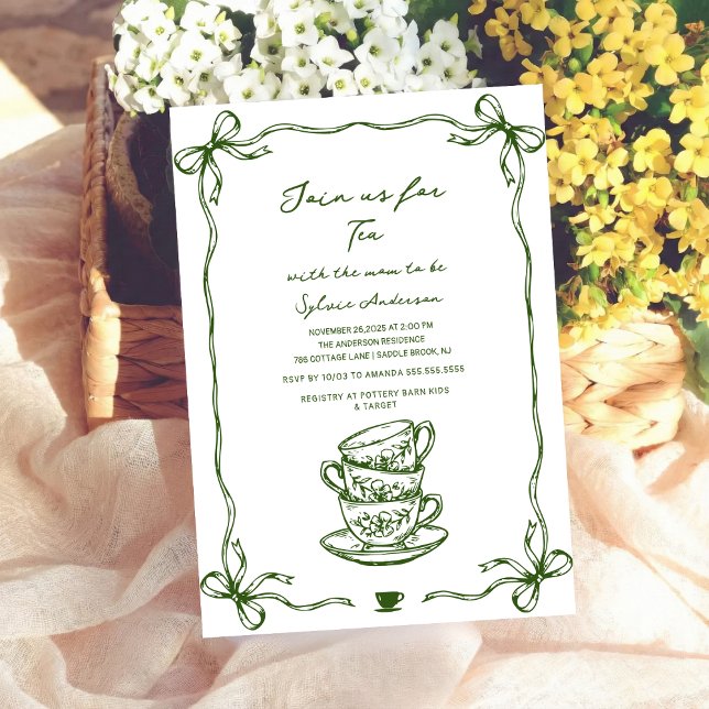green baby shower tea bow hand drawn invitation (Creator Uploaded)