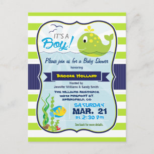 Green Baby Whale, Boy Baby Shower Invitation