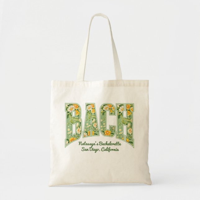 Green BACH Retro Floral Varsity Bridesmaid Tote Bag (Front)