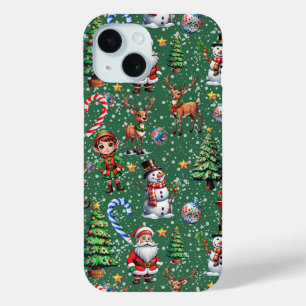Green Background Christmas Decorative Pattern iPhone 15 Case