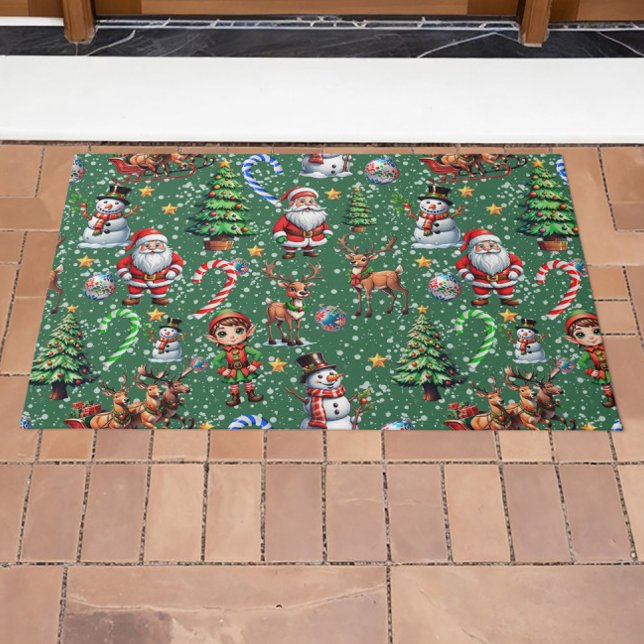 Green Background Christmas Decorative Pattern Doormat (Creator Uploaded)