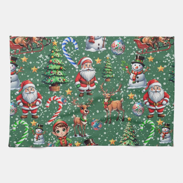 Green Background Christmas Decorative Pattern Kitchen Towel (Horizontal)