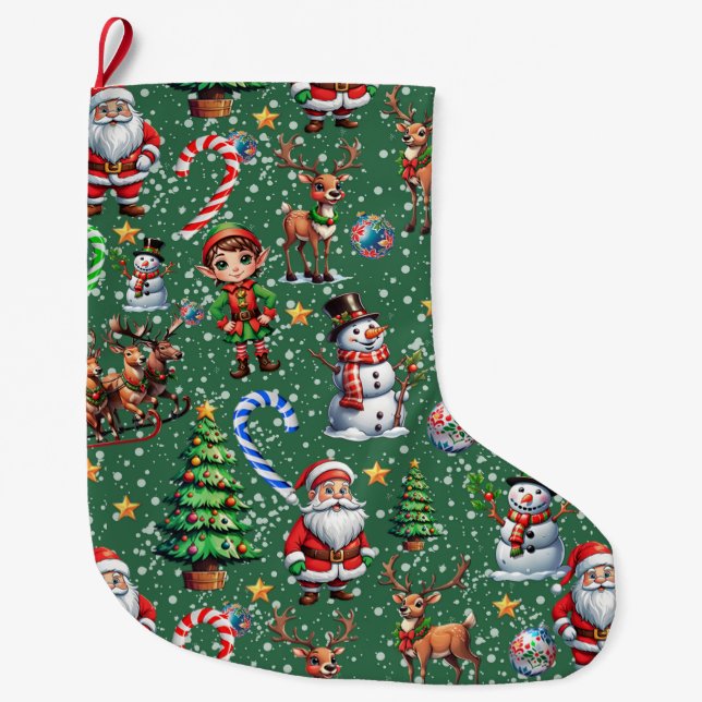 Green Background Christmas Decorative Pattern Large Christmas Stocking (Front)