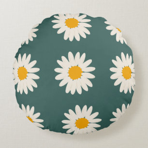 Green background floral daisy pattern round pillow