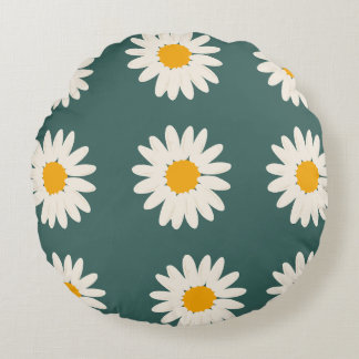 Green background floral daisy pattern round pillow