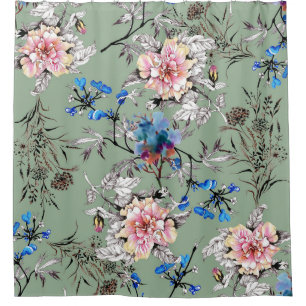 Green Background Floral Watercolor Pattern.