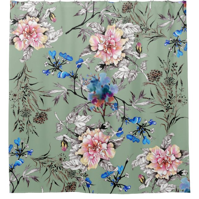 Green Background Floral Watercolor Pattern. (Front)