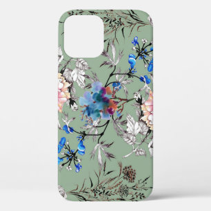 Green Background Floral Watercolor Pattern. iPhone 12 Case