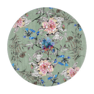 Green Background Floral Watercolor Pattern. Cutting Board
