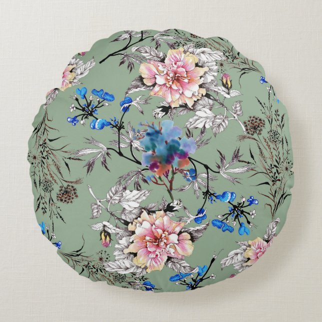 Green Background Floral Watercolor Pattern. Round Pillow (Front)