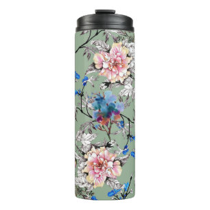 Green Background Floral Watercolor Pattern. Thermal Tumbler