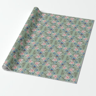 Green Background Floral Watercolor Pattern. Wrapping Paper