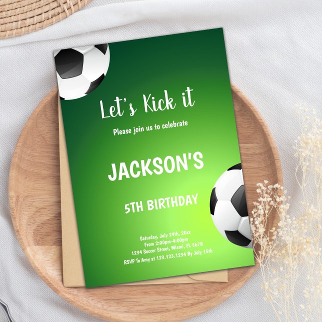 Green Background Sports Theme Invitation (Let's Kick it Green Back Soccer Birthday Invitation)