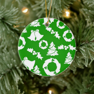 Green Background with Bells, Mistletoe and Tree Ceramic Ornament