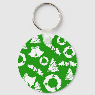 Green Background with Bells, Mistletoe and Tree Keychain
