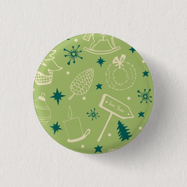 Green Background With Christmas Trees, Signs, Star 1 Inch Round Button (Front)