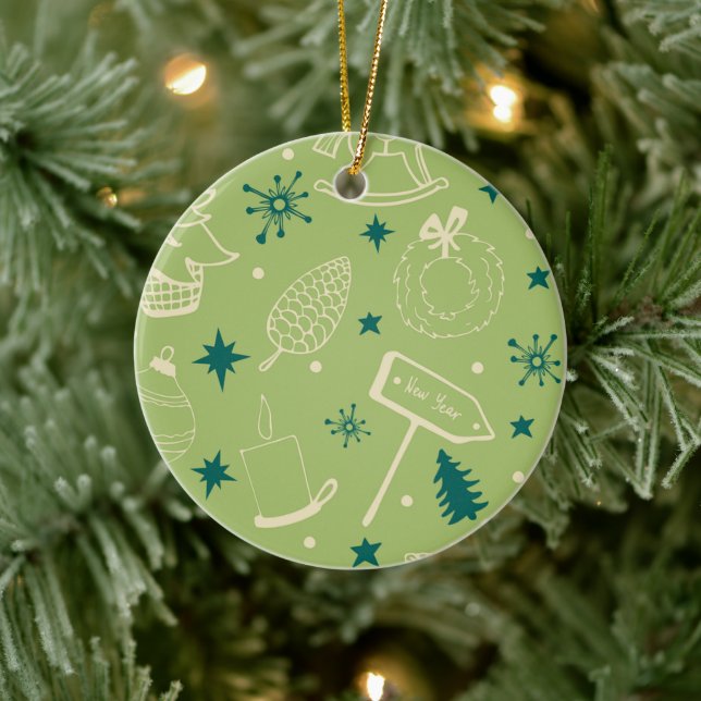 Green Background With Christmas Trees, Signs, Star Ceramic Ornament (Tree)