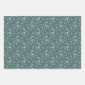 Green background with deer, gift packaging wrapping paper sheet
