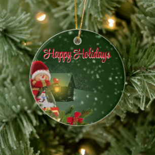 Green Background With Snow White and House Ceramic Ornament