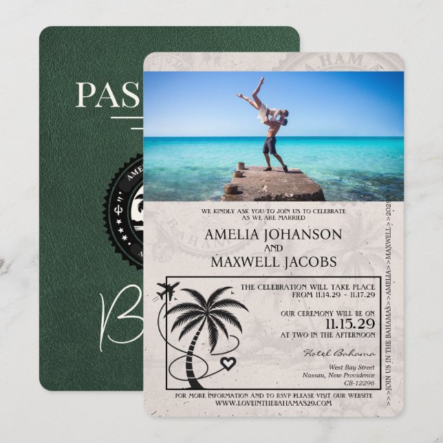 Green Bahamas Passport Wedding Invitation (Front/Back)