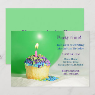 Green Balloon bleu cupcake Invitation Anniversaire