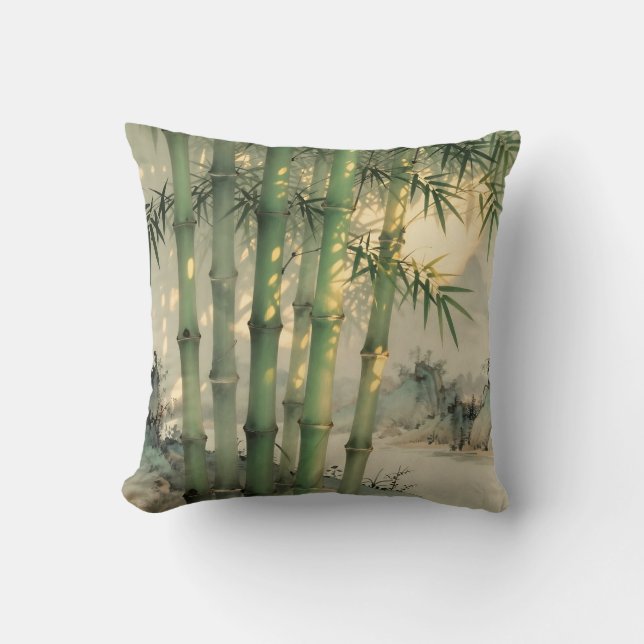 Green Bamboo Forest Chinese Ink Throw Pillow (Front)
