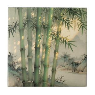 Green Bamboo Forest Chinese Ink Tile