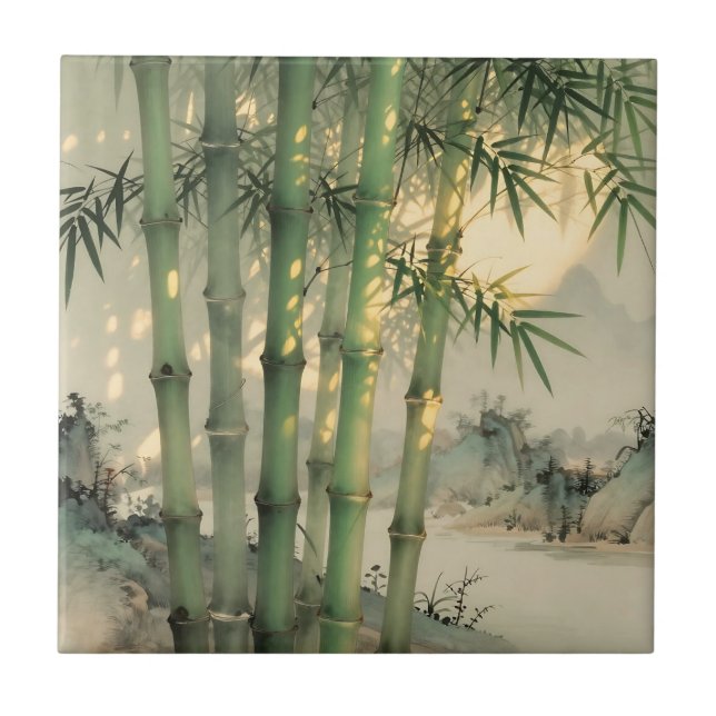 Green Bamboo Forest Chinese Ink Tile (Front)
