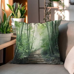 Green Bamboo Forest Watercolor Decorative Throw Pillow