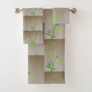 Green Bamboo on Taupe Tiles Contemporary Bath Towel Set