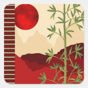 Green bamboo red sun square sticker