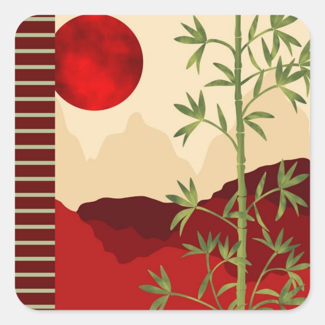 Green bamboo red sun square sticker (Front)