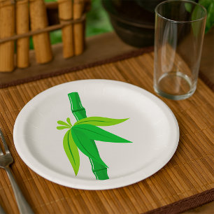 Green Bamboo Stalk with Tropical Leaves  Paper Plate